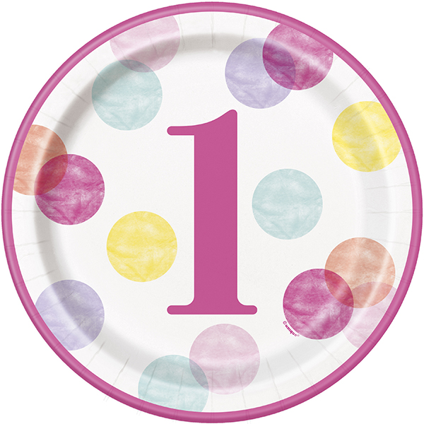 1st Birthday Pink Dots Party Plates 8pk (image for) 1st Birthday Pink Dots Party Plates 8pk