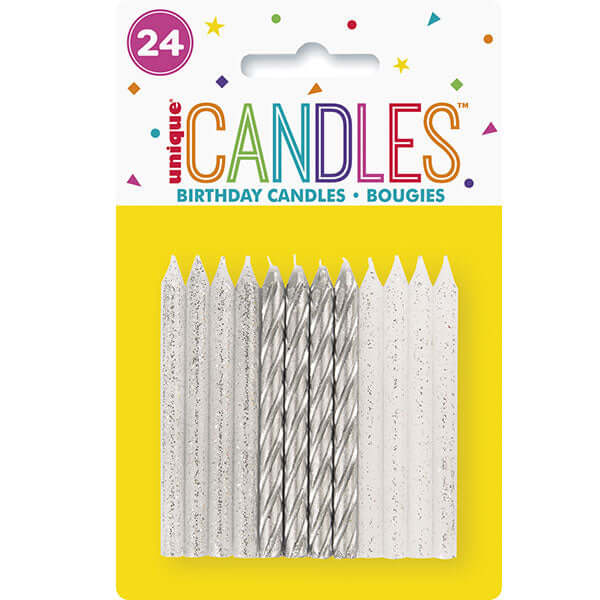 Silver & White Cake Candles 24pk (image for) Silver & White Cake Candles 24pk